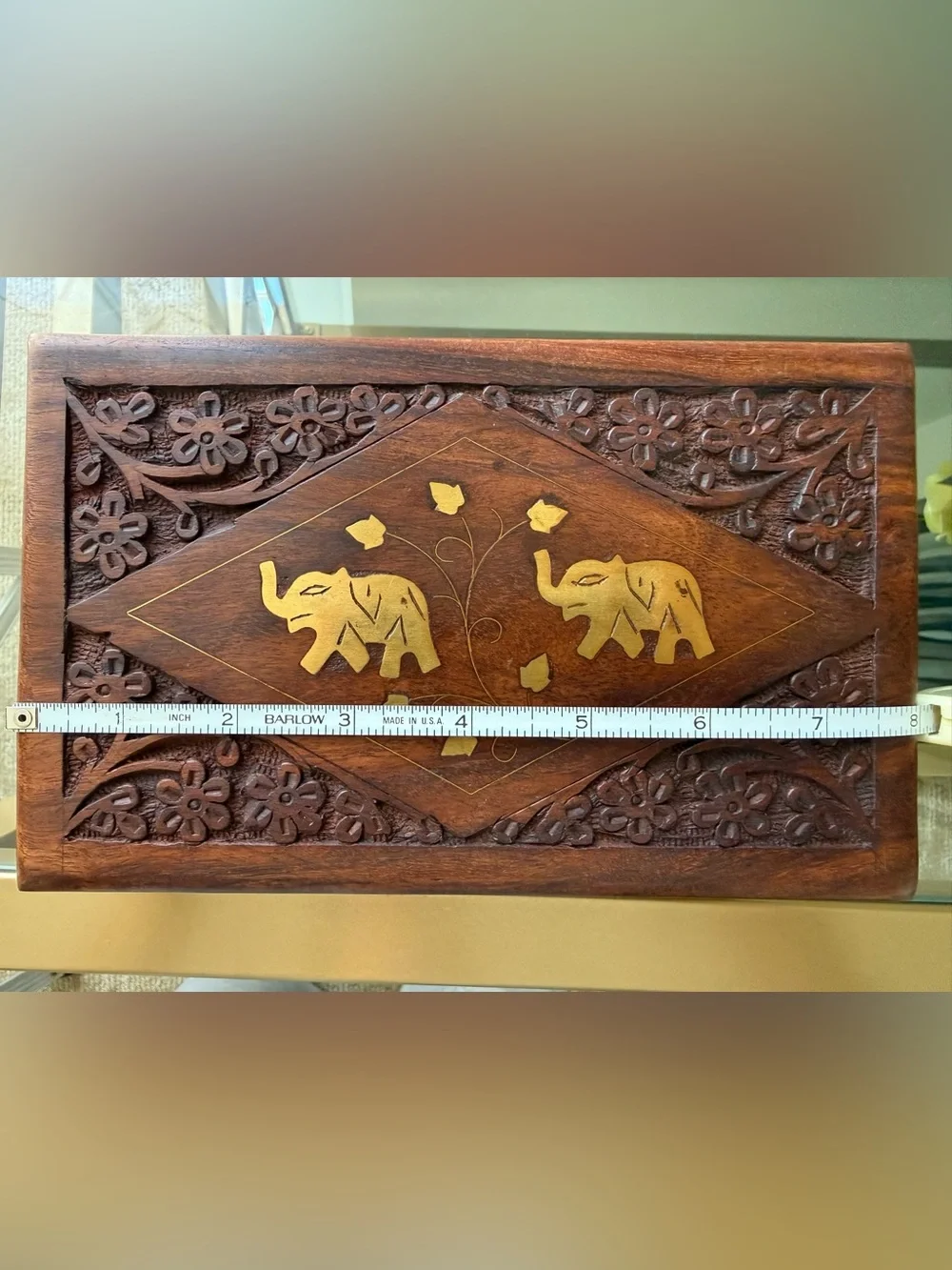 Hand-Carved Wooden Box, Brass Elephant Inlay